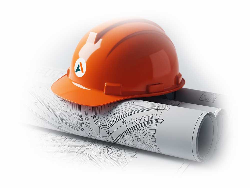 Capacete de obra sobre projeto de estradas